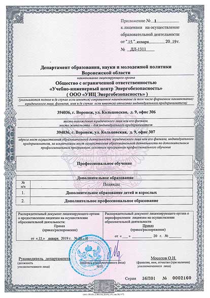 Лицензия на осуществление образовательной деятельности, приложение 1